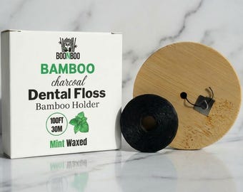 Hilo dental de carbón vegetal, soporte redondo de bambú y recambios, sabor a menta.