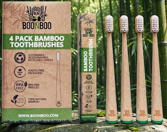BOONBOO Toothbrushes | 4 Pack Bamboo Toothbrushes | Self Standing | Sustainable & Biodegradable | Environmentally Friendly