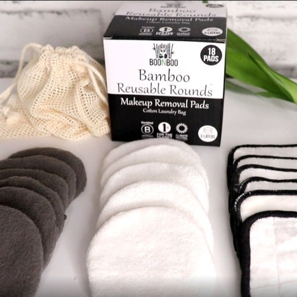Boonboo Reusable Make-Up Removal Pads | Facial Rounds For Makeup Removal | 18 Pads + Laundry Bag | 3-Types & 3 Layers with Pocket