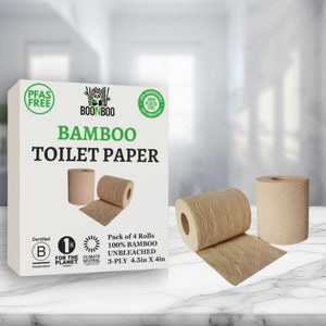 Carta igienica Boonboo / 100% bambù / Non sbiancata 4 rotoli / 3 veli 180 fogli / SENZA PFAS / Sostenibile e rinnovabile / Senza plastica, senza alberi