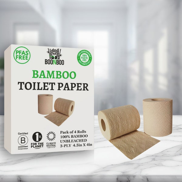 Papier toilette Boonboo | 100 % bambou | non blanchi 4 petits pains | 3 épaisseurs 180 feuilles | SANS SPFA | Durable et renouvelable | Sans plastique, sans arbres