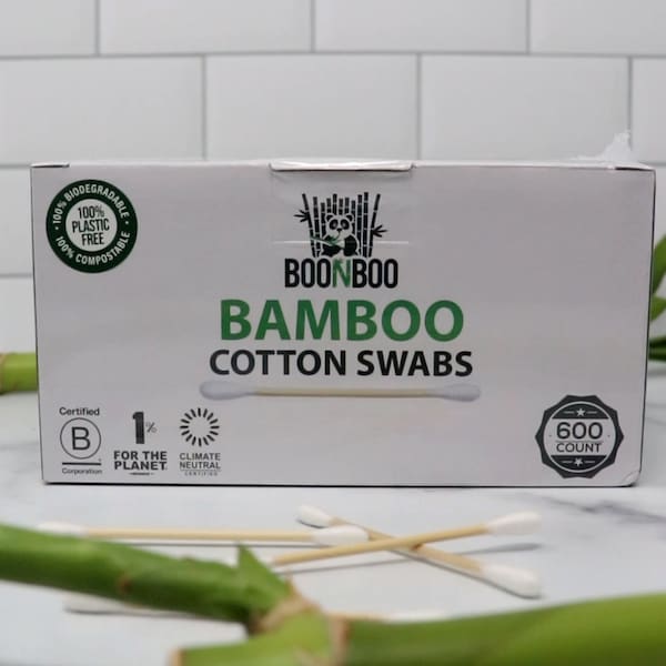 Boonboo Cotton Swabs | 600 Count Bamboo Cotton Buds | Plastic-Free Plat-Based Wrap | Biodegradable & Sustainable