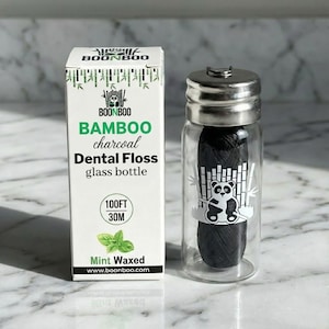 Bamboo Charcoal Dental Floss: Woven Fiber in Refillable Glass Bottle (100FT/30M)