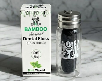 Hilo dental de carbón de bambú: fibra tejida en botella de vidrio rellenable (30 m)