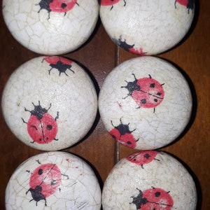 May include: Six round decorative knobs with a white, cracked finish. Each knob features a red ladybird design with black spots and legs. The knobs are arranged on a dark brown wooden surface.