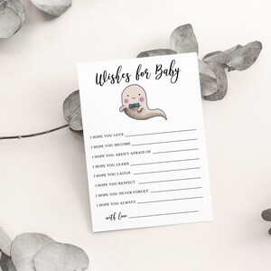 Deseos para baby shower de Little Boo Boy para imprimir, plantilla de descarga instantánea, actividad de baby shower de Halloween B14