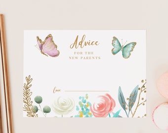 Afdrukbare vlinder thema meisje advieskaart babyshower, kaart sjabloon instant download, activiteit babyshower B05