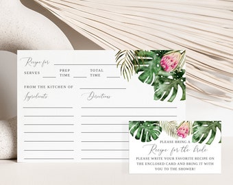 Tropical Recipe Card Template | Bridal Shower Insert Card | Summer Bridal Shower | Recipe Request | Instant Download | Editable Template T02