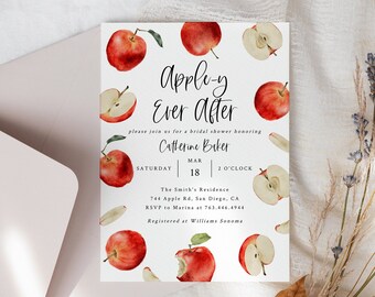 May include: A white bridal shower invitation with red apple illustrations. The text reads "Apple-y Ever After" and includes the bride's name, date, time, and location.