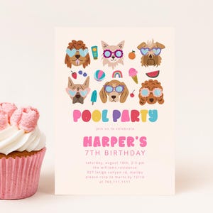 Colorful Summer Party Birthday Invitation with Cute Dogs in Sunglasses | Pool Party Invite D11