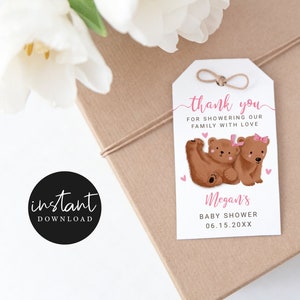 Printable Bear Twin Girls Baby Shower Favor Tag | Cubs |  Instant Download | Editable Template | Woodland Party Tag B16