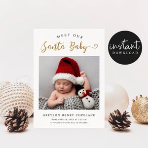 HOLIDAY Birth Announcement Photo Card | Christmas Card | Santa Baby | Faux Gold Glitter | Instant Download | Editable Template | Printable