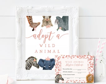 Adoption Center Sign & Certificate | Safari Adoption Party | Adopt a Wild Animal | Girl Birthday Party | Instant Download | Party Decor S05