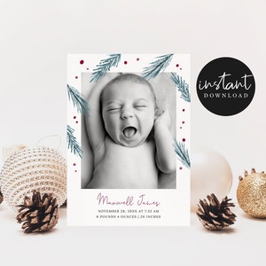 HOLIDAY Birth Announcement Photo Card | Christmas Card | Pine Tree Leaves | Red Berries | Instant Download | Editable Template | Printable