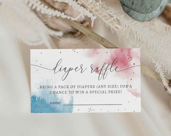 Gender Reveal Diaper Raffle Ticket Watercolor Splash Pink or Blue ...