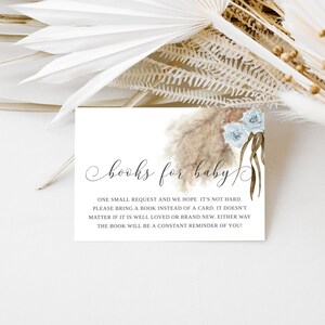 Demande de livre pour baby shower Pampas Grass | Téléchargement instantané | Aquarelle botanique | Fleurs bleues | Imprimable | Carte d'insertion modifiable P7
