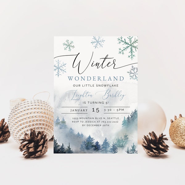 Winter Wonderland Birthday Invitation | Boy Birthday Party Invite | Mountain | Blue Snowflakes | Instant Download | Editable Template W06