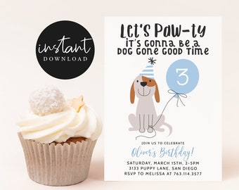 May include: A blue and white birthday invitation with a cartoon dog wearing a party hat and holding a blue balloon with the number 3. The text reads "Let's Paw-ty It's Gonna Be a Dog Gone Good Time" and "Oliver's Birthday!"