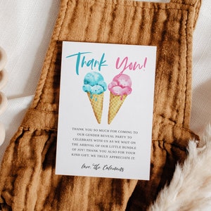 Tarjeta de agradecimiento por la fiesta de revelación del género del bebé con helado / Plantilla editable / Descarga instantánea / Fiesta de verano / Imprimible / Tarjeta de 4 x 6 I04