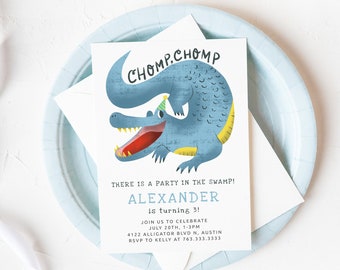 Alligator Birthday Invitation | Crocodile | Summer Party | Boy Birthday Invite | Party In The Swamp | Instant Download | Editable GB02