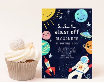 May include: A blue and black space-themed birthday party invitation with a rocket, planets, stars, and an astronaut. The text reads "3...2...1... BLAST off ALEXANDER is turning one!" with party details below.