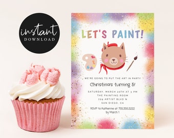 Painting Birthday Party Invitation | Art Party Invite | Let's Paint Girl Birthday | Instant Download | Editable Template | Kitty Cat Artist