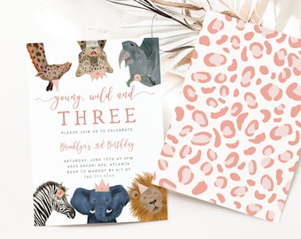 Safari YOUNG WILD & THREE Girl's Birthday Party Invitation | Editable Kid's 3rd Birthday Invite | Instant Download | Template S05