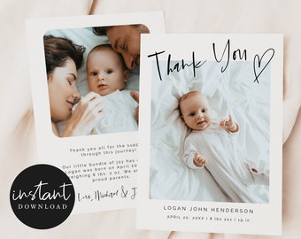 May include: Thank You card with a black and white photo of a baby boy and his parents. The card has the text "Thank You" in black script with a heart drawn next to it. The baby's name, birth date, weight, and length are listed below the photo. The card also has a black circle with the text "instant download" in white.
