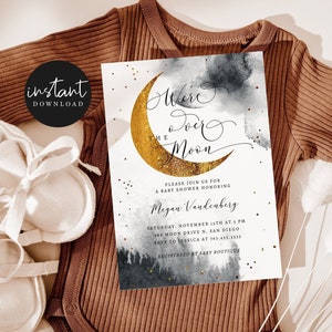 Printable Over The Moon Baby Shower Invitation | Gender Neutral | Editable Faux Gold Moon Stars Invite | Instant Download Template Card O1