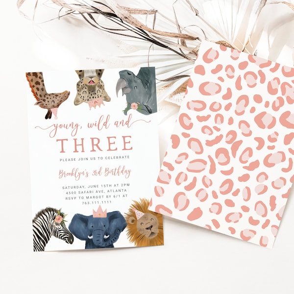 Safari YOUNG WILD & THREE Girl's Birthday Party Invitation | Editable Kid's 3rd Birthday Invite | Instant Download | Template S05