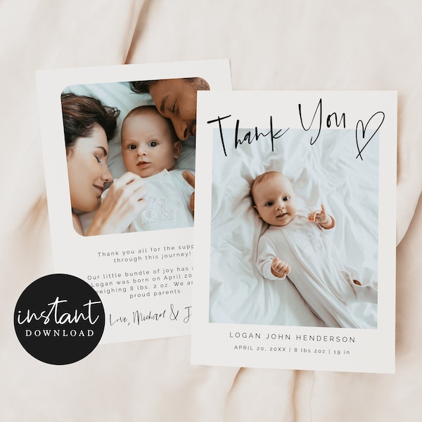 Printable Birth Announcement Photo Card | Thank You | Heart | Modern | Instant Download | Minimalist | 2-photo | Templett