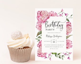 Floral Birthday Party Invitation | Pink Flower Invite | Adult Birthday Party | Editable Template | Instant Download