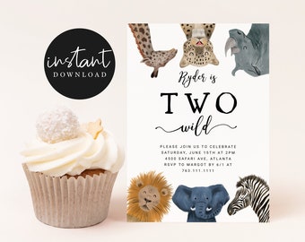 TWO WILD Boy Birthday Party Invitation | Safari Animals | Editable 2nd Birthday Invite | Zoo Party | Second Birthday | Instant Download S03