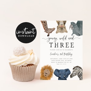 YOUNG WILD & THREE Boy Birthday Party Invitation | Editable Safari Animals 3rd Birthday Invite | Instant Download | Template | Printable S03