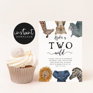 TWO WILD Boy Birthday Party Invitation | Safari Animals | Editable 2nd Birthday Invite | Zoo Party | Second Birthday | Instant Download S03