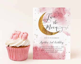 May include: A pink and gold invitation with a crescent moon and the text "Two the Moon" and "Agatha's 2nd birthday". The invitation has a watercolor background with gold glitter.