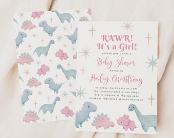 Dinosaur Baby Shower Invitation | Dinosaur Invite | Girl Baby Shower | Instant Download | Editable Template Card | D07