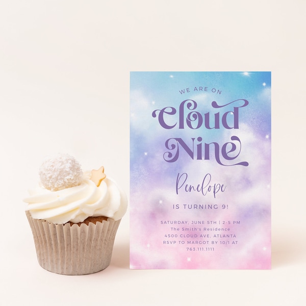 Invitación a la fiesta de Cloud Nine / Invitación a la fiesta del noveno cumpleaños / Cumpleaños de niña / Descarga instantánea / Plantilla editable C14