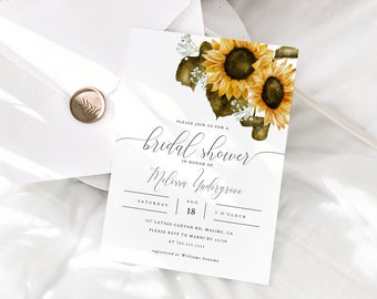 Puede incluir: Una invitación de ducha nupcial blanca con una ilustración de acuarela de girasoles y vegetación. El texto dice "Por favor, únase a nosotros para una ducha nupcial en honor a Melissa Underwood, sábado 18 de agosto, 5 en punto, 127 Latigo Canyon Rd, Malibu, CA. Por favor, responda a [email protected] antes del 15 de julio, al 741-111-1111.  Compromiso de William Evans."