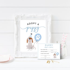 May include: Adopt a Puppy sign with a cartoon puppy wearing a party hat and holding a blue balloon with a paw print. A printable puppy adoption certificate is also included.