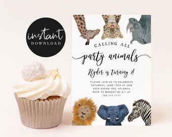 Könnte beinhalten: Eine weiße Einladung mit schwarzem Rand und dem Text "Calling all party animals Ryder is turning 7!" Die Einladung zeigt eine bunte Illustration verschiedener Dschungeltiere, darunter ein Löwe, ein Zebra, ein Elefant, eine Giraffe, ein Leopard und ein Nashorn.
