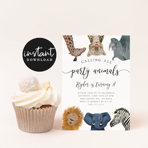 Calling All Party Animals Boy Birthday Party Einladung | Zoo Party | Safaritiere Invite | Bearbeitbar | Sofort Download Template S03