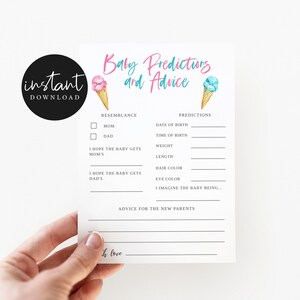 Carte de prédictions et de conseils pour bébé de couleur crème glacée | Fête révélatrice du genre | Téléchargement instantané | Jeu | Rose ou bleu | Garçon ou fille | I04 imprimable