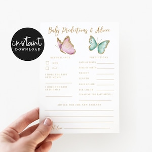 Schmetterlings-Babyvorhersagen und Ratschlagskarte | Schmetterlings-Babypartyspiel | Sofortdownload | Rosa und Gold Babypartystreifen B05