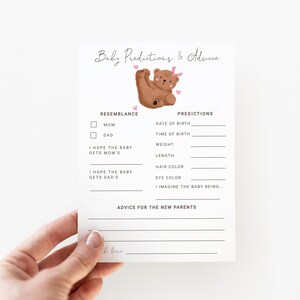 Carte de prédictions et de conseils pour bébé sur le thème de la forêt imprimable | Téléchargement instantané | Modèle de carte | Activité baby shower ourson petite fille B13