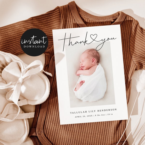 Printable Birth Announcement Card | Thank You Heart | Modern | Instant Download | Minimalist Heart | Templett