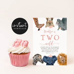 TWO WILD Birthday Invitation | 2nd Birthday Invite | Girl Birthday | Safari Party | Zoo Animals | Instant Download S05