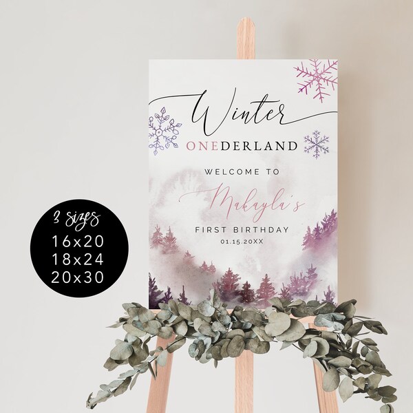 Winter ONEderland Welcome Sign | Girl 1st Birthday | Pink Snowflakes | Editable Poster | Digital File 16X20, 18X24, 20X30 W06