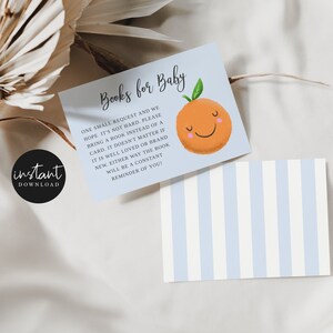 Demande de livre de baby shower imprimable Little Cutie, modèle de carte clémentine bleue à téléchargement immédiat, carte d'insertion modifiable C08