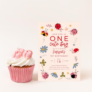 Ladybug Birthday Invitation | One Cute Bug Invite | Girl Birthday Party | 1st Birthday | Editable Template L08